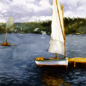 Watercolor painting of a sailboat off the end of the wharf